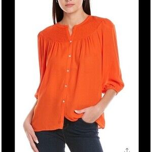 Nanette Lepore Pleated Blouse Womens L Orange Long Sleeve Smocked V-neck‎ Top